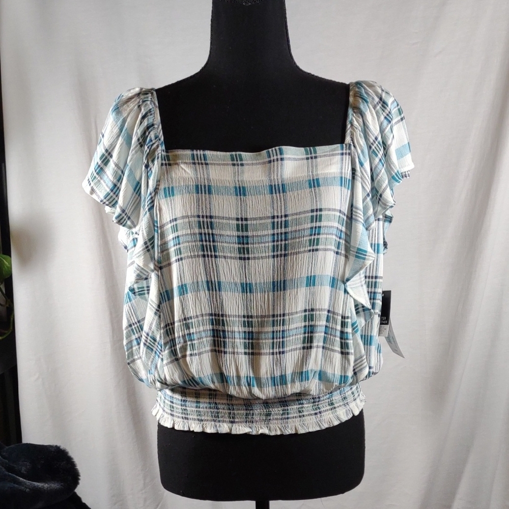 NWT a.n.a White & Blue Plaid Women's Square Neck Ruffle Crop Top - Size L